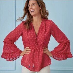 Soft Surroundings Top Sz 1X Red Besito Bell Sleeve Polka Dot Sheer Career Office